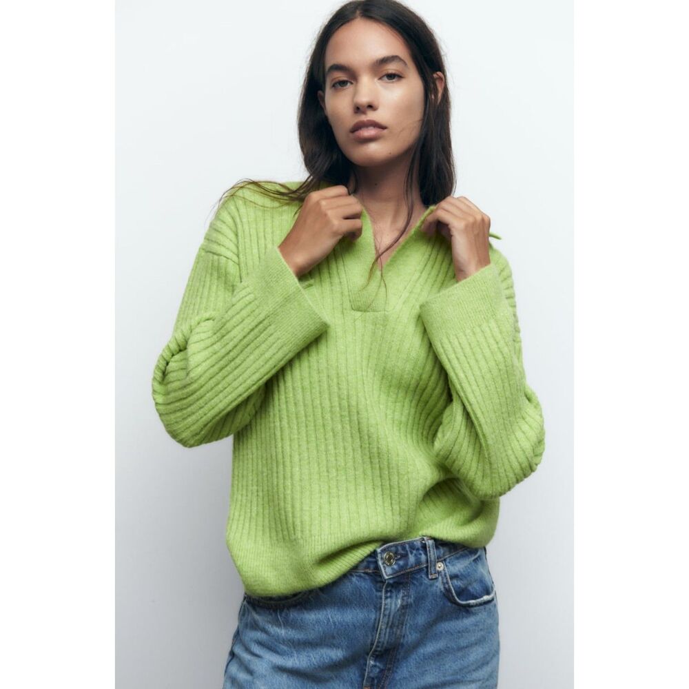 Lime Green Zara Ribbed Collared Long Sleeve Sweater (NWT)